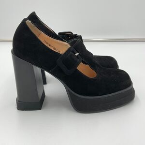 Lonza Shirley Suede High Heel Boots‎ Mary Jane Platform Shoes Size 38 Black EUC